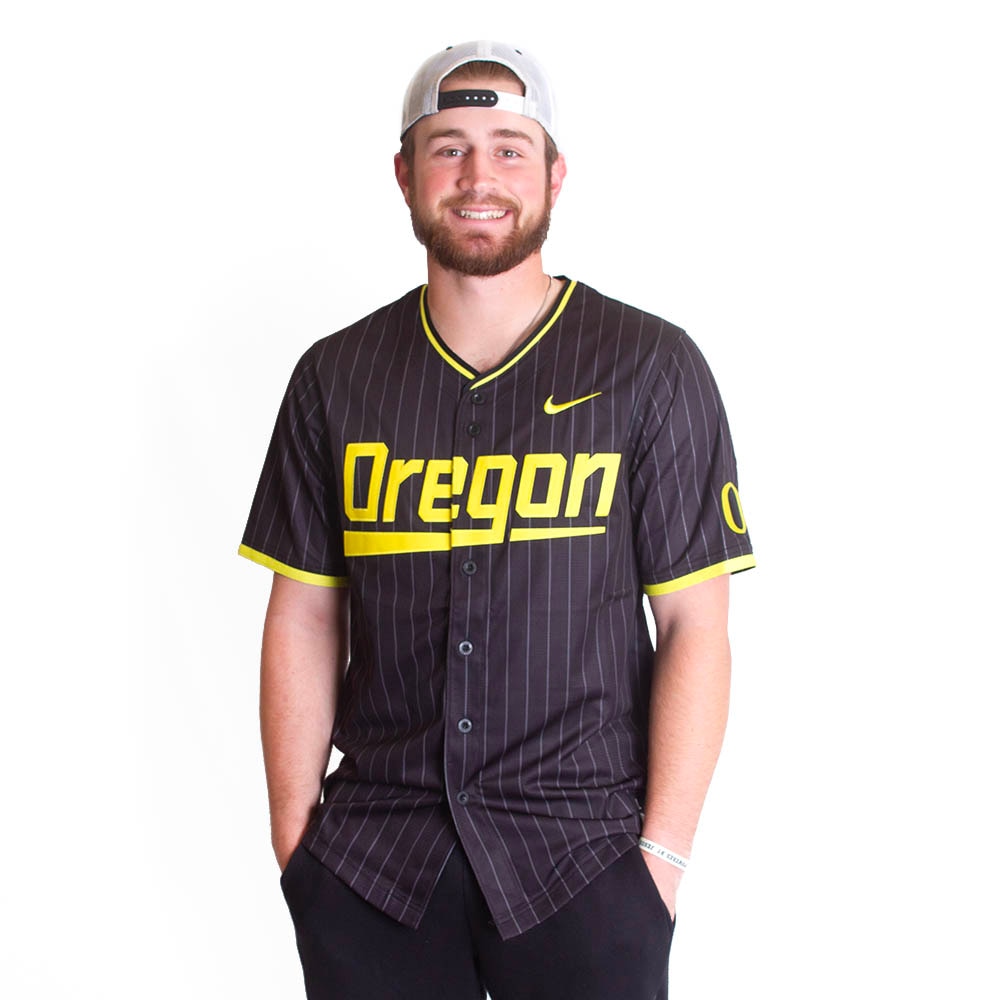 black and gold pinstripe baseball uniform