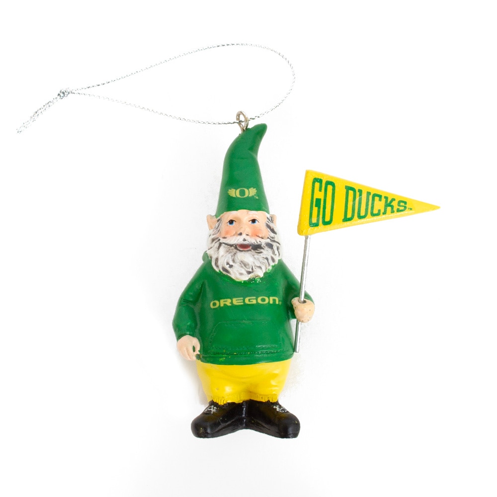 Green & Yellow Spirit 3.75 Poly Resin Gnome holding a Pennant Yellow O Wings & Go Duck Ornament